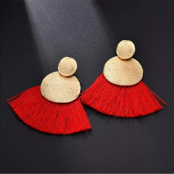Jewelry - Red Cotton Fringe Tassel Statement Earrings